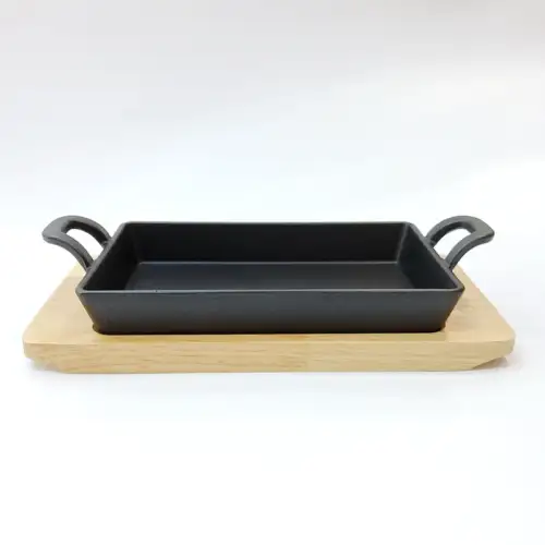 #YY087-1; Cast iron pan 12x20cm with wood tray